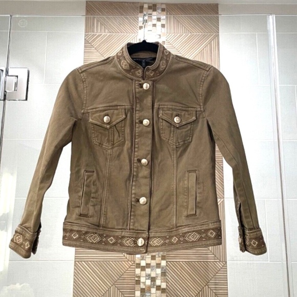 White House Black Market Brown Denim Military Jacket; Gold Buttons; Size 00 - Picture 5 of 10